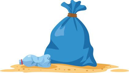 Bag of trash with plastic bottle on ground