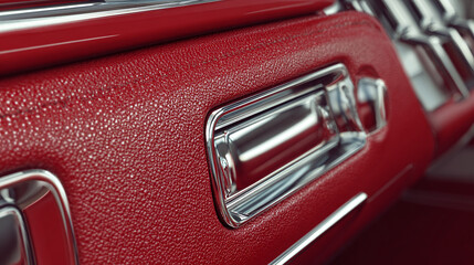 Vintage Car Door Handle: A close-up view of the interior door handle of a vintage car, showcasing the luxurious red leather and chrome accents