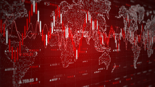 Falling stock graph on a red world map background representing a global financial crash. Ideal for crisis, economics, and trading visuals. finance investment background concept. 3d Rendaring - Powered by Adobe