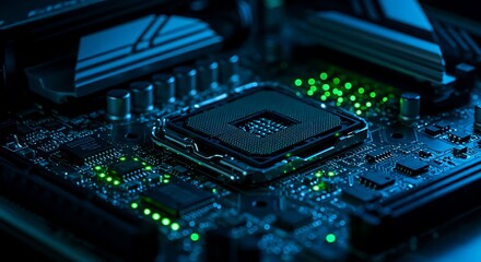 Fototapeta premium Close-up Circuit Board with Green Lights and Microchip