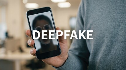 Individual holding smartphone displaying deepfake technology, showcasing digital manipulation and modern innovation in a contemporary office environment with blurred background