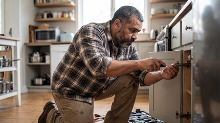 Man Fixing Kitchen Cabinet Door Hinge with Screwdriver, Home Improvement DIY