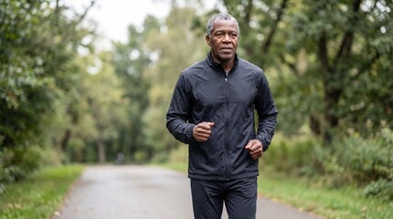 Senior African American Man Jogging on a Path in a Green Park