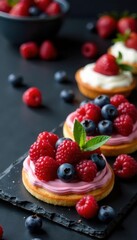 Colorful pastries and berries artfully arranged on dark slate , bakery, sweet