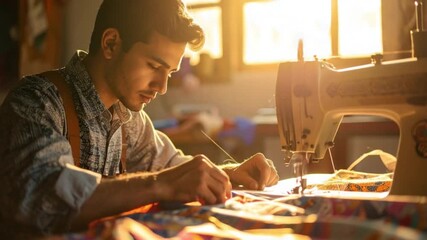 Dedicated Craftsman Sewing Colorful Fabric with Machine in Warm Workshop