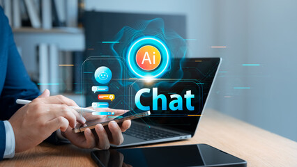 AI chatbot interaction concept showing user chatting with artificial intelligence assistant via mobile phone. Useful for smart communication, automation, and virtual assistant technologies.