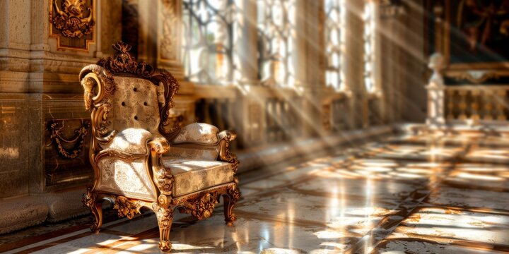 Golden throne chair illuminating royal palace interior in spain
