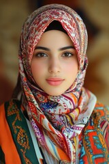 Beautiful young Palestinian woman wearing colourful hijab. Arabic Muslim lady in traditional clothes