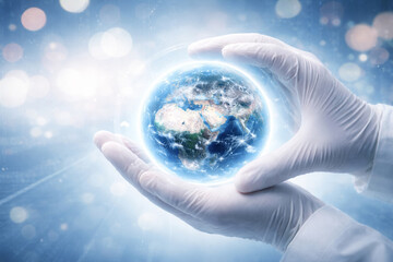 AI generated image of gloved hands holding a glowing digital earth symbolizing global data protection smart technology governance sustainability and secure digital transformation