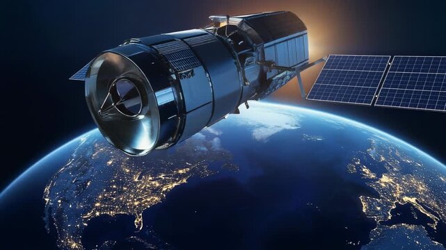Stunning Satellite Orbiting Earth with Sunlight Glare in Space