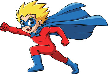 Energetic young boy superhero character running fast, wearing red suit with blue cape and mask, cute anime style comic illustration