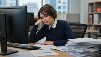 Stressed office worker looking bored and tired at desk in modern workplace setting