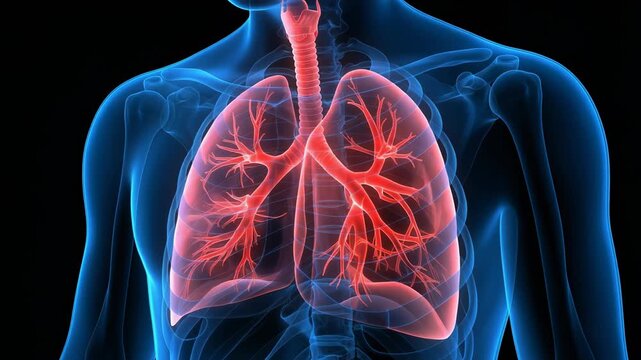 Detailed human anatomy illustration of the lungs with highlighting of bronchial structures and blood vessels