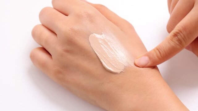 Testing Liquid Foundation Shade on Hand with Finger Swipe