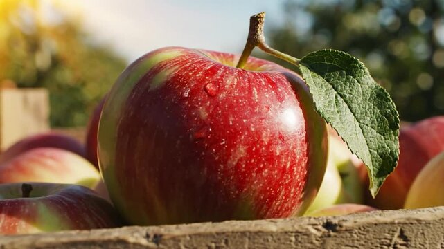 Close-up of a fresh, wet red-green apple with leaf in a wooden crate, sunlit orchard