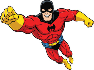 Powerful masked superhero in red costume and yellow gloves flying forward with fist extended isolated on a plain white background © Ponkaj Creatives