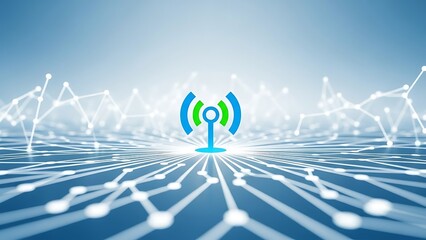 Blue and green WiFi symbol with white network lines on a blue gradient background