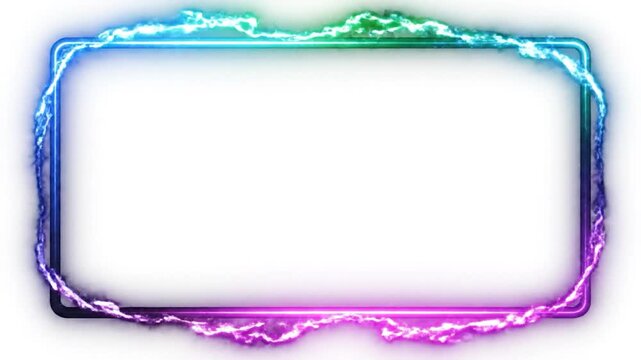 A glowing rectangular frame with blue to purple neon edges with a white center and effects