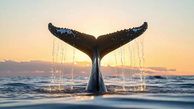 Majestic whale tail emerges from ocean at golden sunset