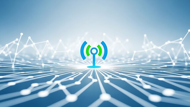 Blue and green WiFi symbol with white network lines on a blue gradient background - Powered by Adobe