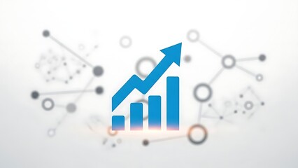 Blue bar chart with upward trend arrow on white background with gray molecular structure  business growth concept