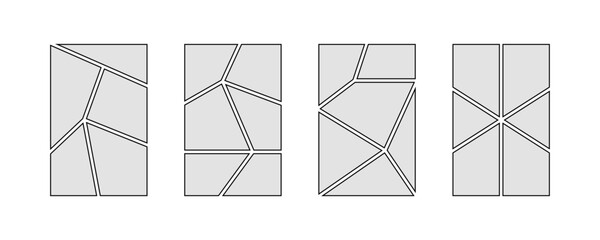 Fototapeta na wymiar Grey comic book panel frame set. Pop art template grid page collection. 5 and 6 image collage moodboard layout pack. Picture mood board ideas. Storyboard design for photo, poster, manga mockup. Vector