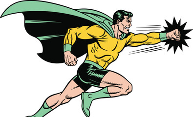 Fototapeta premium Vintage Retro Superhero Character Flying Forward With Powerful Punch Wearing Yellow Suit Green Cape And Black Shorts In Comic Style