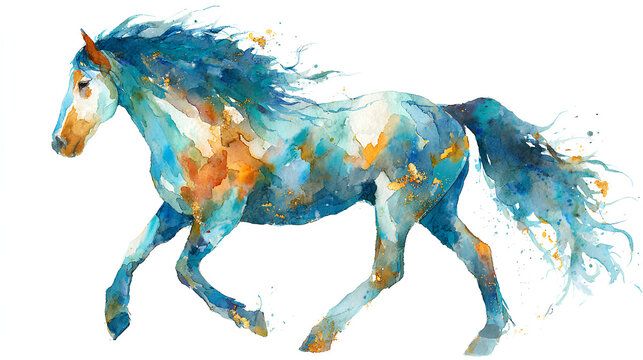 Horse watercolor ink painting zodiac sign year of the horse new year card illustration, stock illustration on a white background