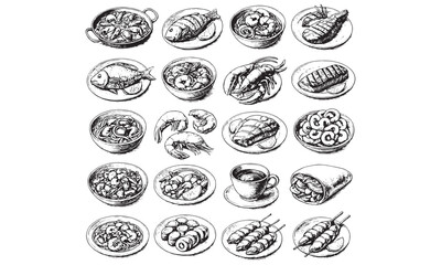Vintage Seafood Dishes Engraved Gourmet Food Plate Line Art Illustration Collection