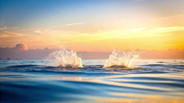 Whale's fluke breaks ocean surface against vibrant sunset sky