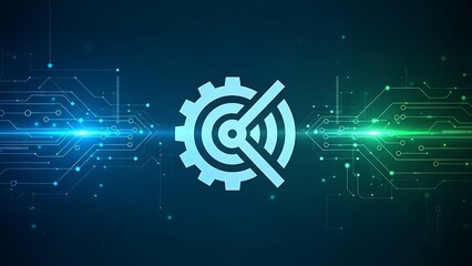 blue gear icon with line through it on circuit board background with glowing lines  technology concept