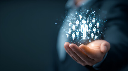 Human resource and team management concept businessman holding digital team icon employee data system workforce management business connection leadership talent analytics