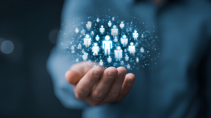 Human resource and team management concept businessman holding digital team icon employee data system workforce management business connection leadership talent analytics