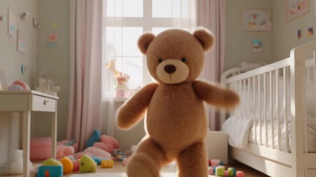 A person in a Winnie the Pooh costume dances in a child's bedroom with toys.