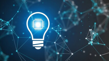 Blue light bulb with microchip and glowing effect on network background  symbol of innovation and technology