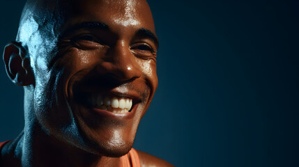 A sweaty black man smiling and looking happy after a workout or exercise routine in a dark room