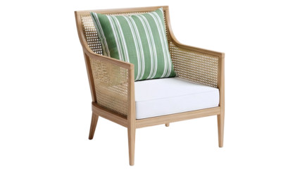 Cane Armchair with Green Striped Pillow