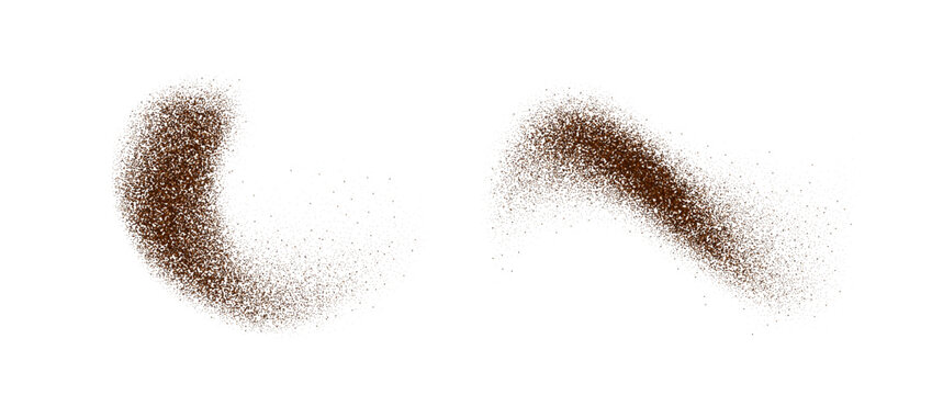 Brown chocolate powder splashes. Flying spices seasoning particles burst. Ground cacao beans textured piles. Cocoa or coffee flakes scattered on surface. Dried spicy explosion. Vector illustration