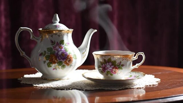 A floral teacup and teapot steam on a table. Gold trim, intricate patterns, & lace doily detail