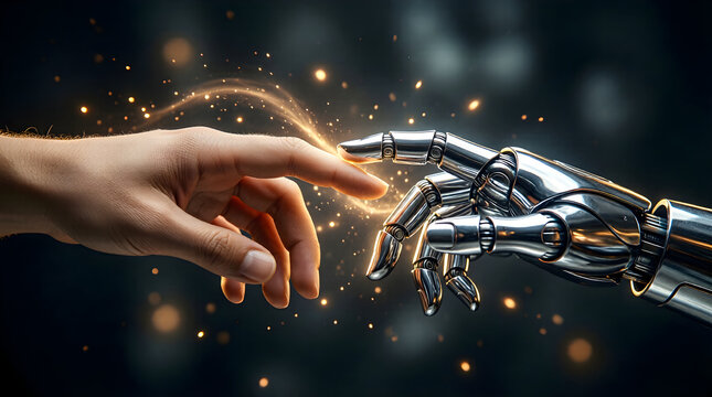 AI robot and human hand connecting - futuristic technology and human-machine partnership