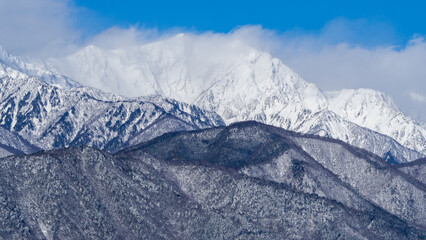 冠雪の北アルプス　山並み　長野県大町市