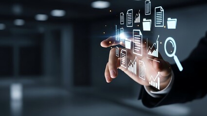 Businessman hand touching digital graphs and charts in a modern office  technology and data analysis concept