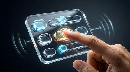 Hand touching floating glassmorphic interface - futuristic UI/UX and haptic technology concept.