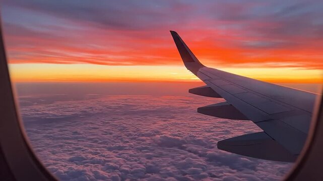 Airplane window view of vibrant sunset colors, with wing and cloud sea