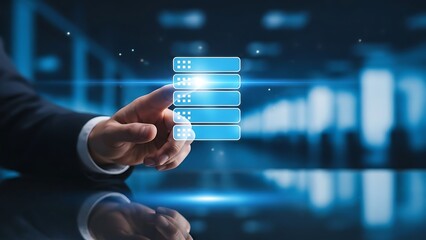 Businessman interacting with virtual interface in futuristic office environment with blue lighting  technology and innovation concept