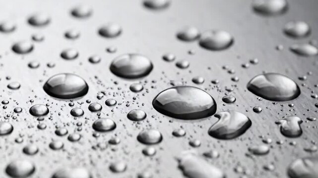 Close-up of clear water droplets on a metallic silver surface