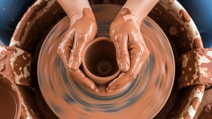 Hands shaping clay on a potter's wheel creating a ceramic vessel