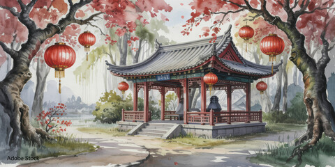 Obraz premium Beautiful watercolor painting of a traditional Chinese pavilion adorned with red lanterns hanging from autumn trees next to a calm lake