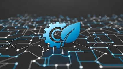 Eco friendly technology concept with gear leaf and circuit board design elements for sustainable innovation and green energy solutions