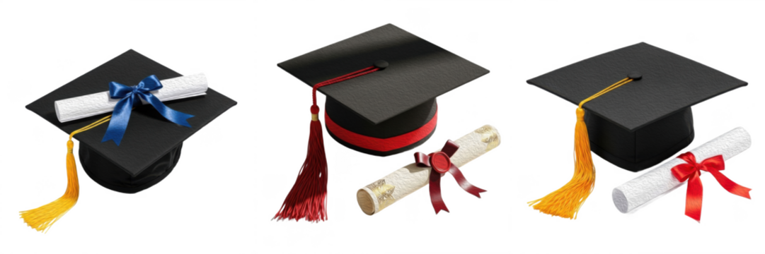 Graduation Cap Set with Tassel and Diploma – Education Success Concept Illustration - Powered by Adobe